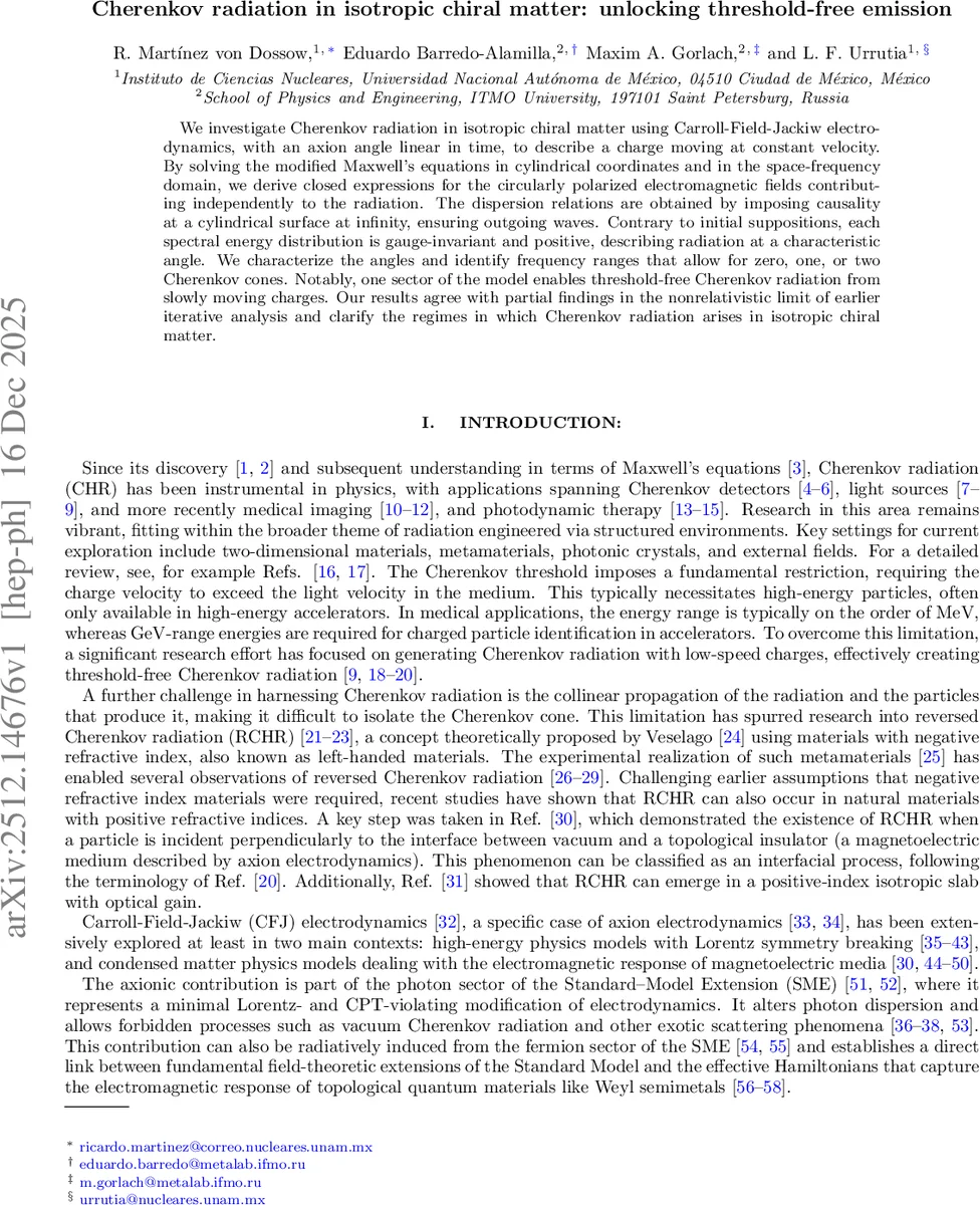 Cherenkov radiation in isotropic chiral matter: unlocking threshold-free emission