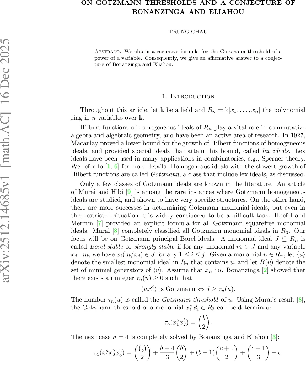 On Gotzmann thresholds and a conjecture of Bonanzinga and Eliahou