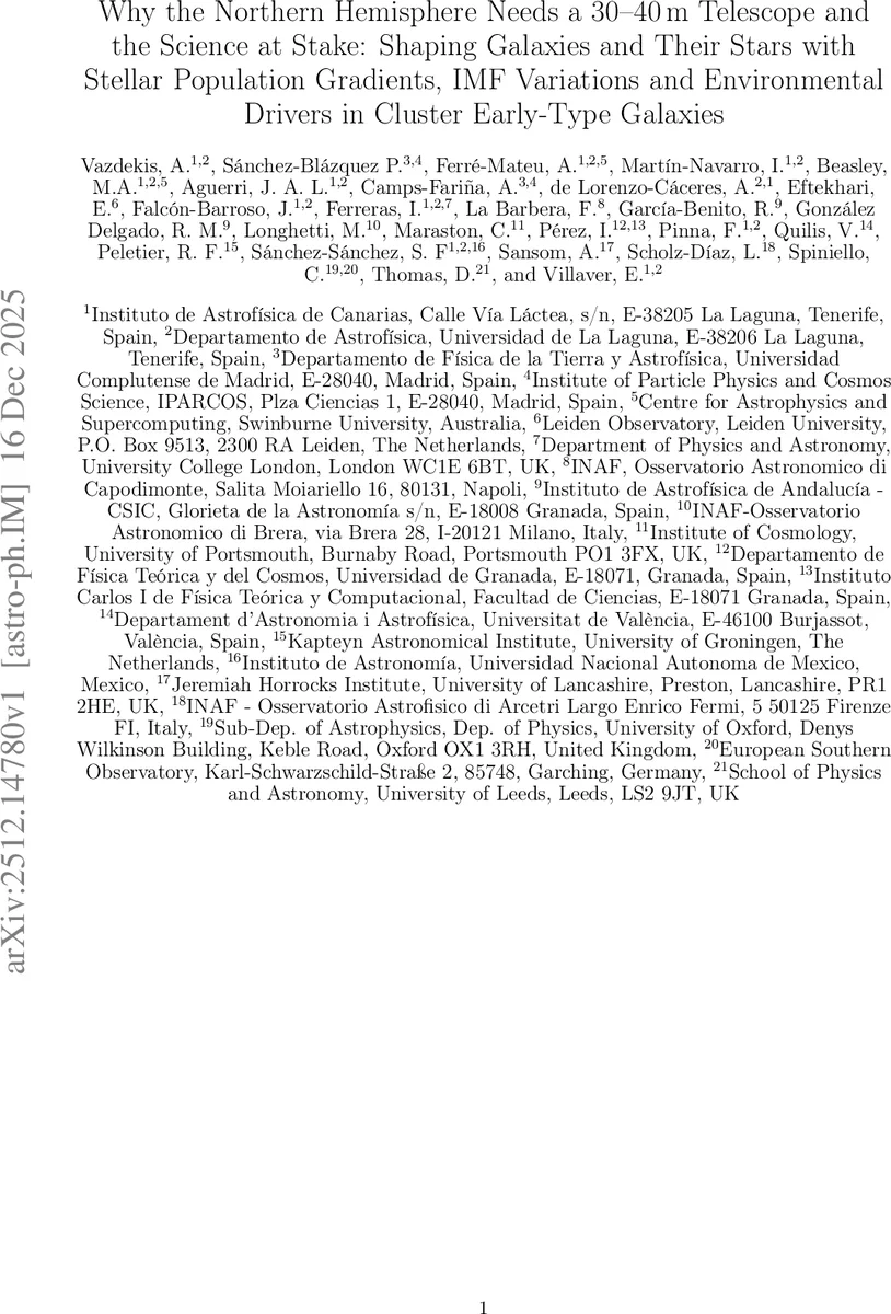 Why the Northern Hemisphere Needs a 30-40m Telescope and the Science at Stake: Shaping Galaxies and Their Stars with Stellar Population Gradients, IMF Variations and Environmental Drivers in Cluster Early-Type Galaxies