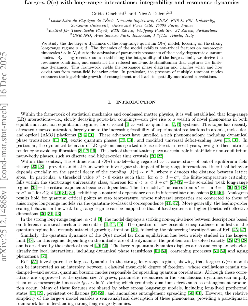 Large-$n$ $O(n)$ with long-range interactions: integrability and resonance dynamics