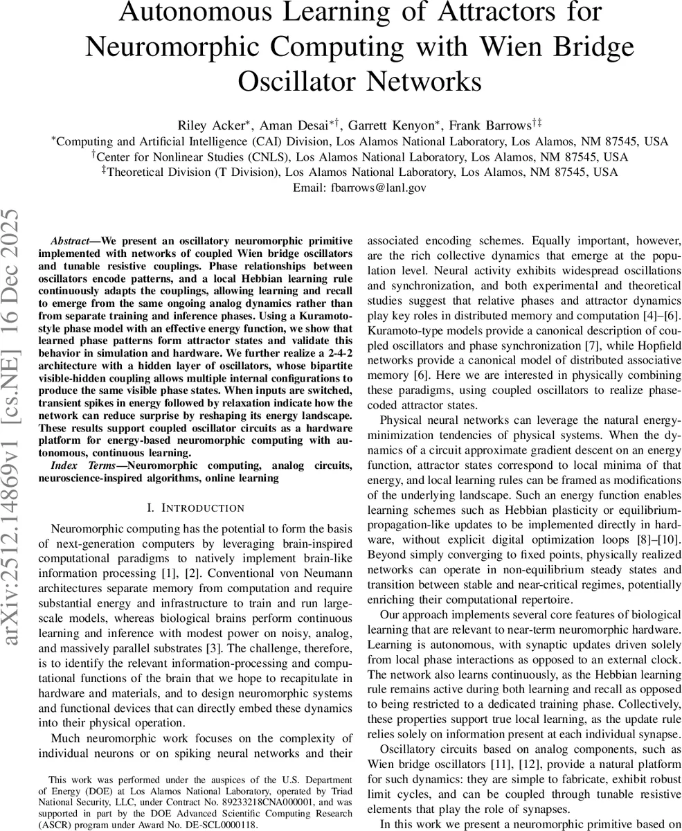 Autonomous Learning of Attractors for Neuromorphic Computing with Wien Bridge Oscillator Networks