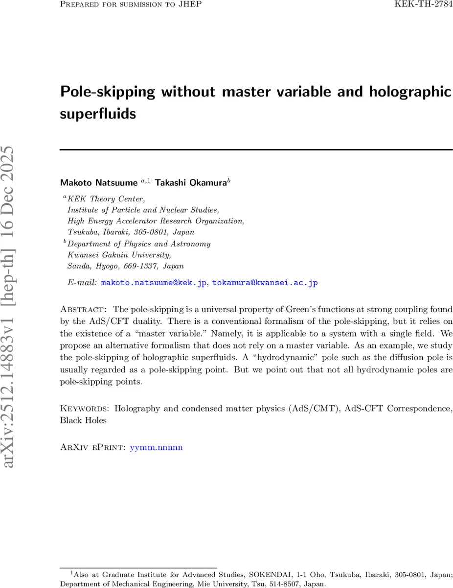 Pole-skipping without master variable and holographic superfluids
