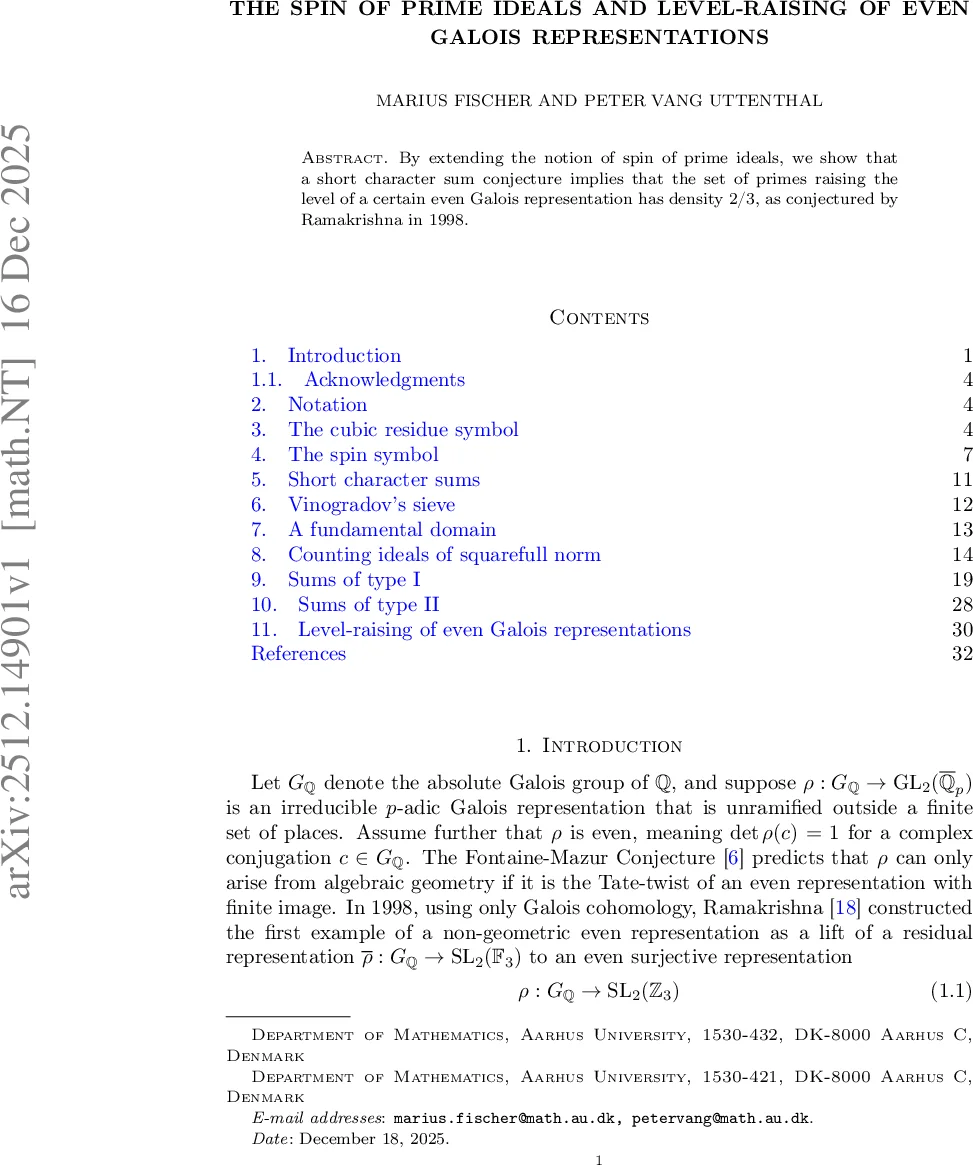 The spin of prime ideals and level-raising of even Galois representations