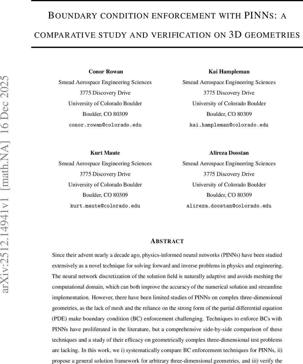 Boundary condition enforcement with PINNs: a comparative study and verification on 3D geometries