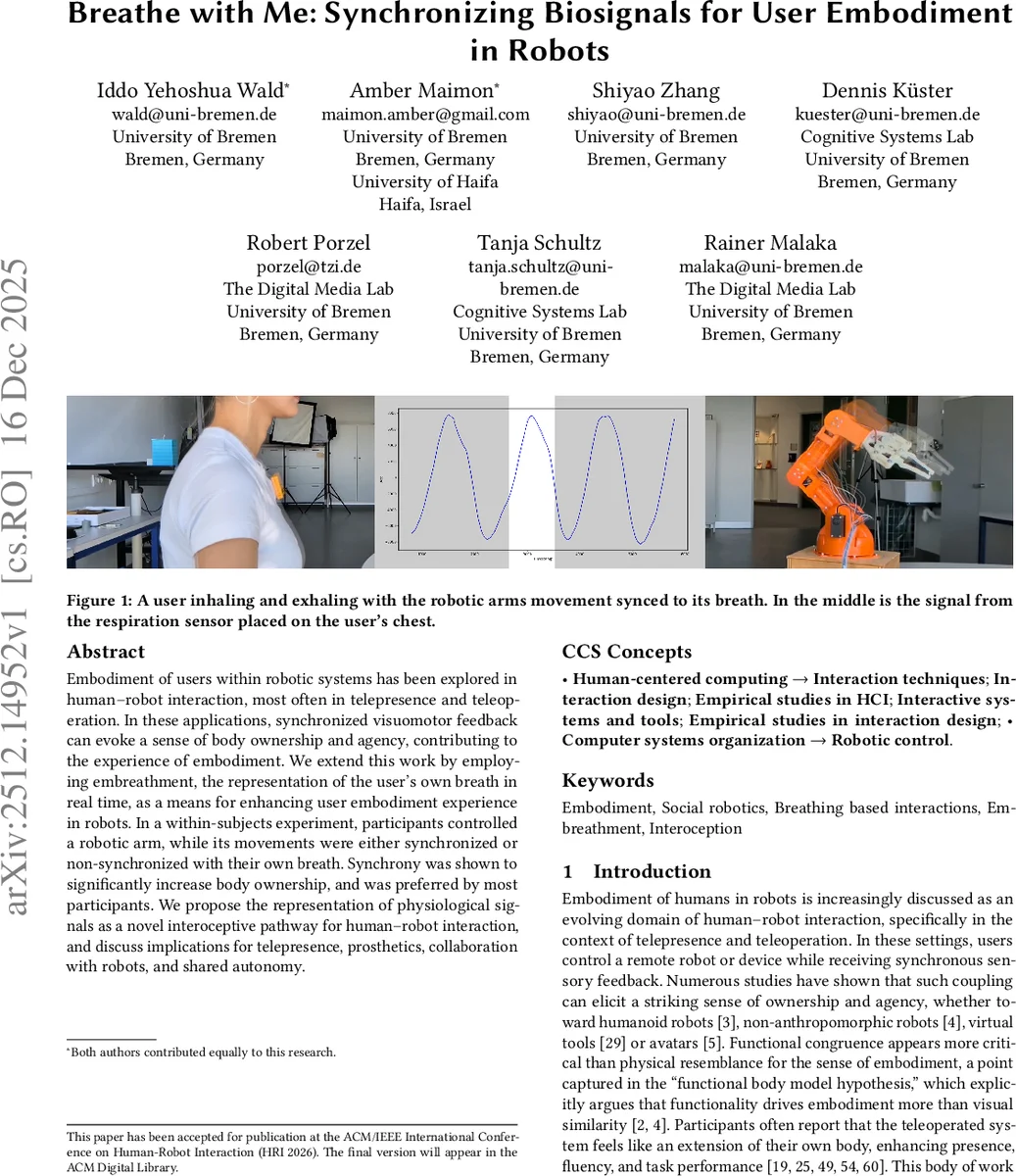 Breathe with Me: Synchronizing Biosignals for User Embodiment in Robots