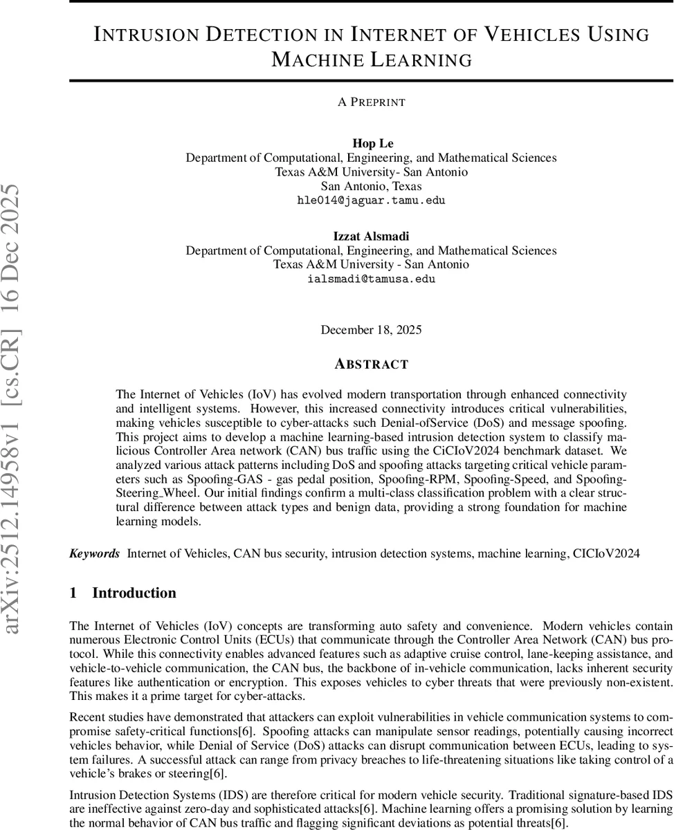 Intrusion Detection in Internet of Vehicles Using Machine Learning