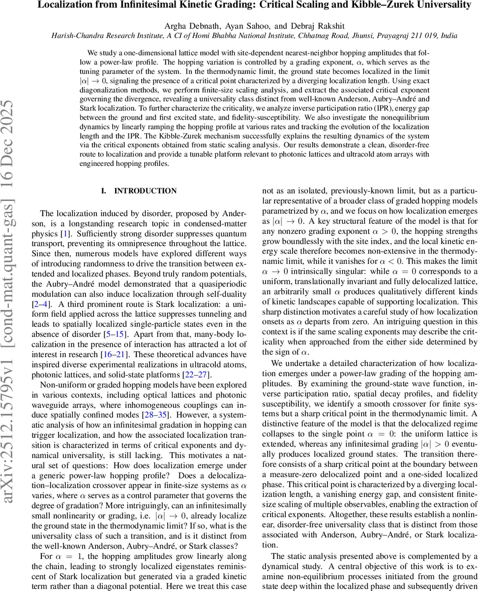 Localization from Infinitesimal Kinetic Grading: Critical Scaling and Kibble-Zurek Universality