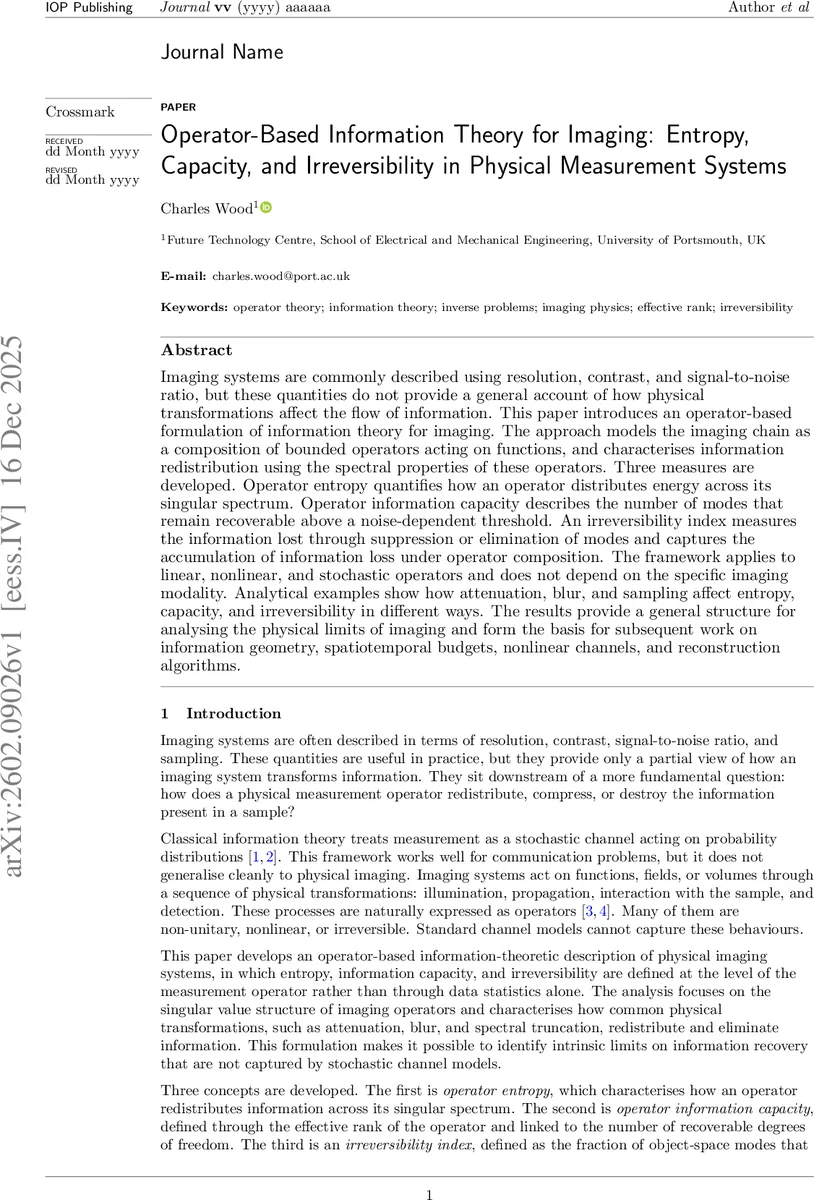 Operator-Based Information Theory for Imaging: Entropy, Capacity, and Irreversibility in Physical Measurement Systems