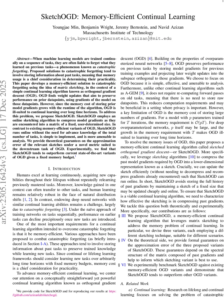 SketchOGD: Memory-Efficient Continual Learning