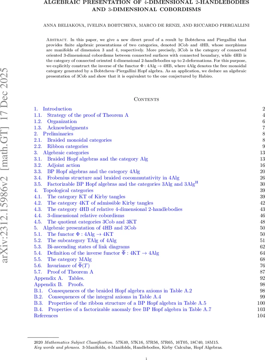 Algebraic Presentation of $4$-Dimensional $2$-Handlebodies and $3$-Dimensional Cobordisms