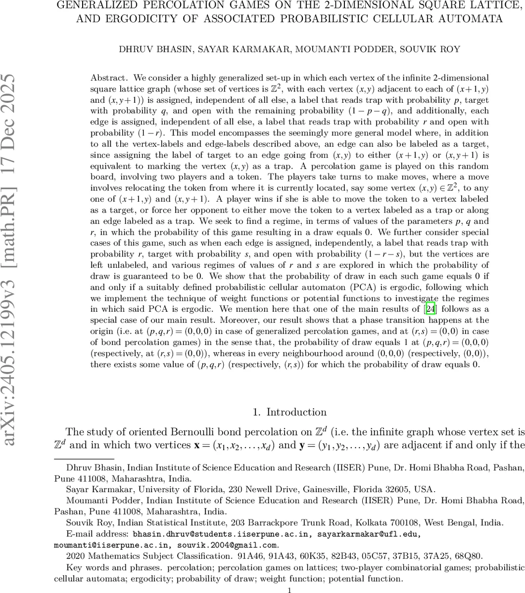 Generalized percolation games on the $2$-dimensional square lattice, and ergodicity of associated probabilistic cellular automata