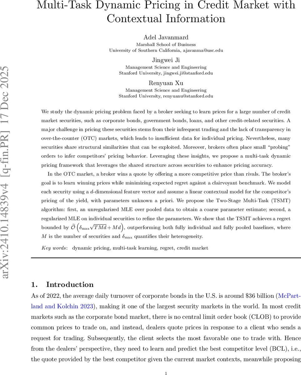 Multi-Task Dynamic Pricing in Credit Market with Contextual Information