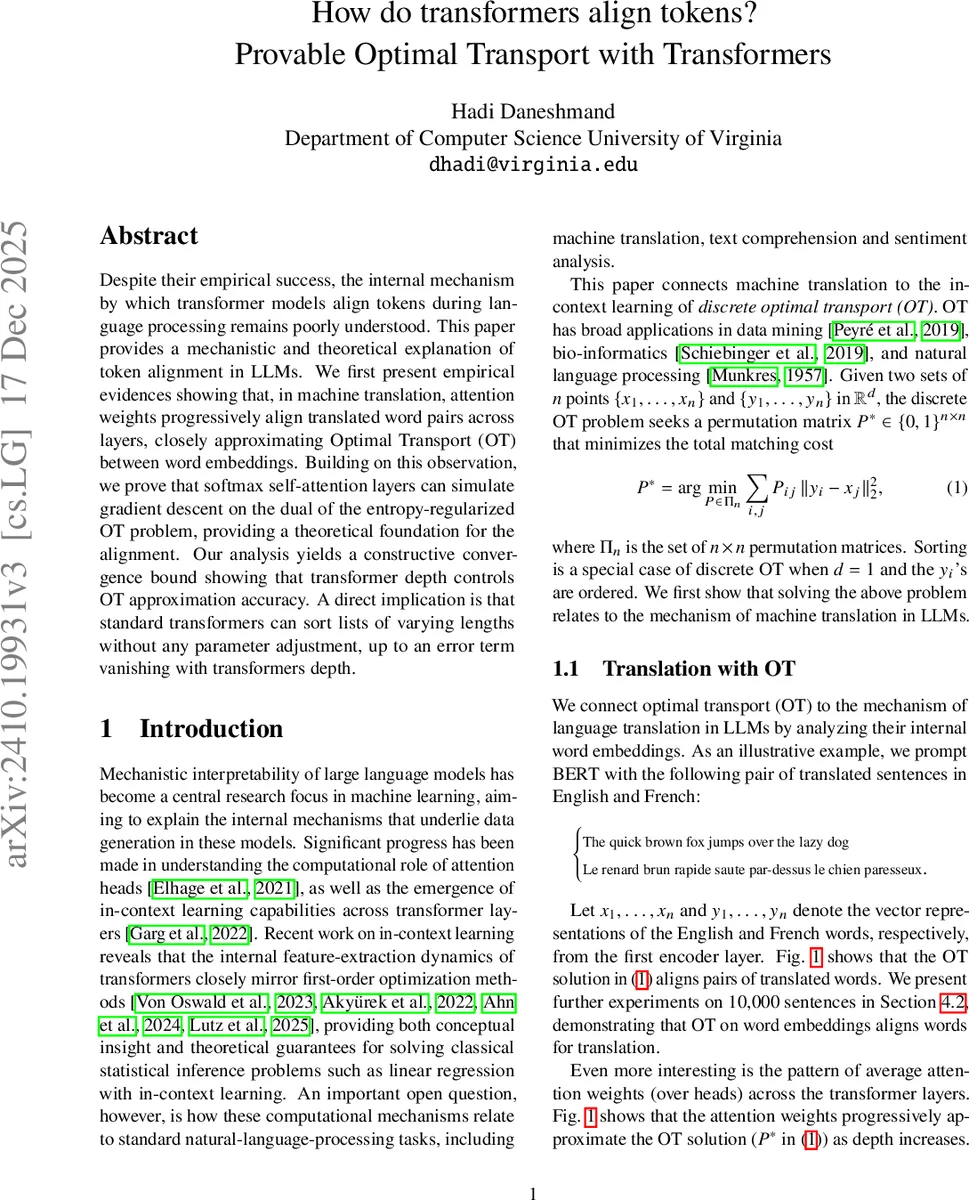 Provable optimal transport with transformers: The essence of depth and prompt engineering