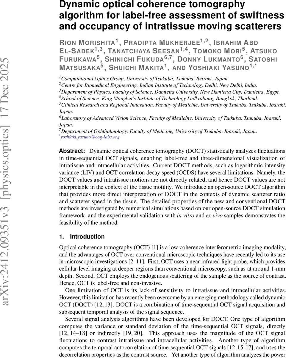 Dynamic optical coherence tomography algorithm for label-free assessment of swiftness and occupancy of intratissue moving scatterers