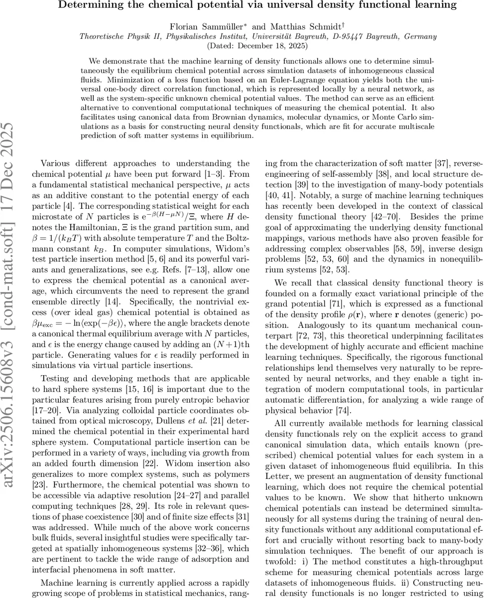 Determining the chemical potential via universal density functional learning