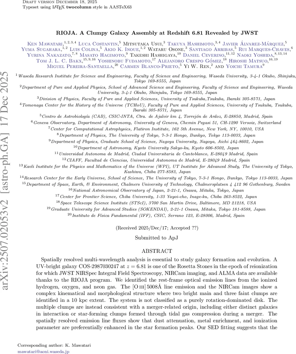 RIOJA. A Clumpy Galaxy Assembly at Redshift 6.81 Revealed by JWST