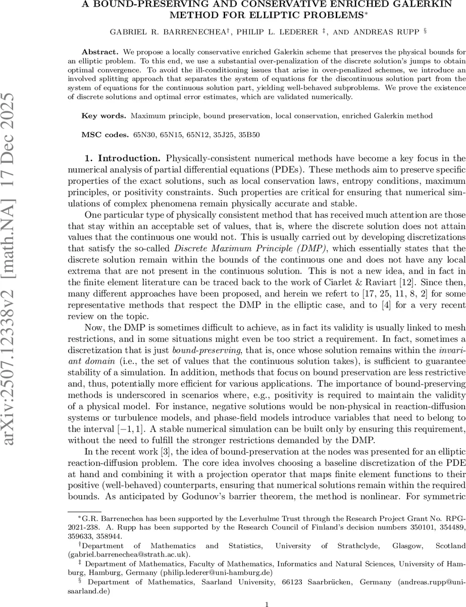 A bound-preserving and conservative enriched Galerkin method for elliptic problems