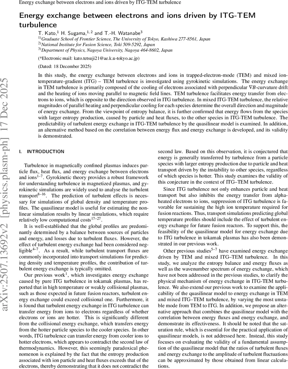 Energy exchange between electrons and ions driven by ITG-TEM turbulence