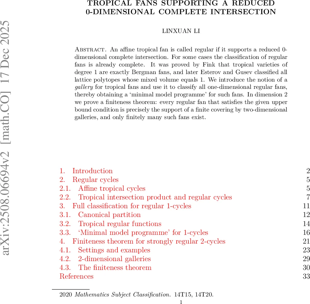 Tropical fans supporting a reduced 0-dimensional complete intersection
