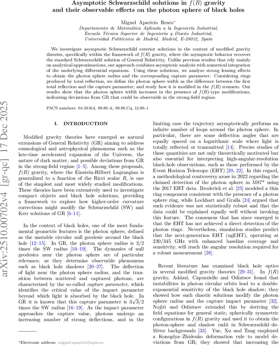 Asymptotic Schwarzschild solutions in $f(R)$ gravity and their observable effects on the photon sphere of black holes