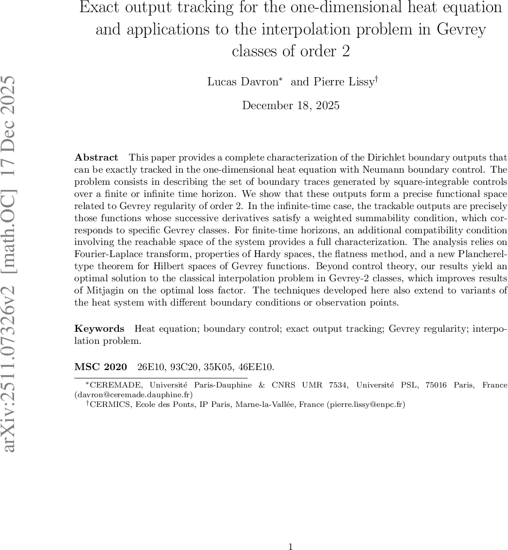 Exact output tracking for the one-dimensional heat equation and applications to the interpolation problem in Gevrey classes of order 2