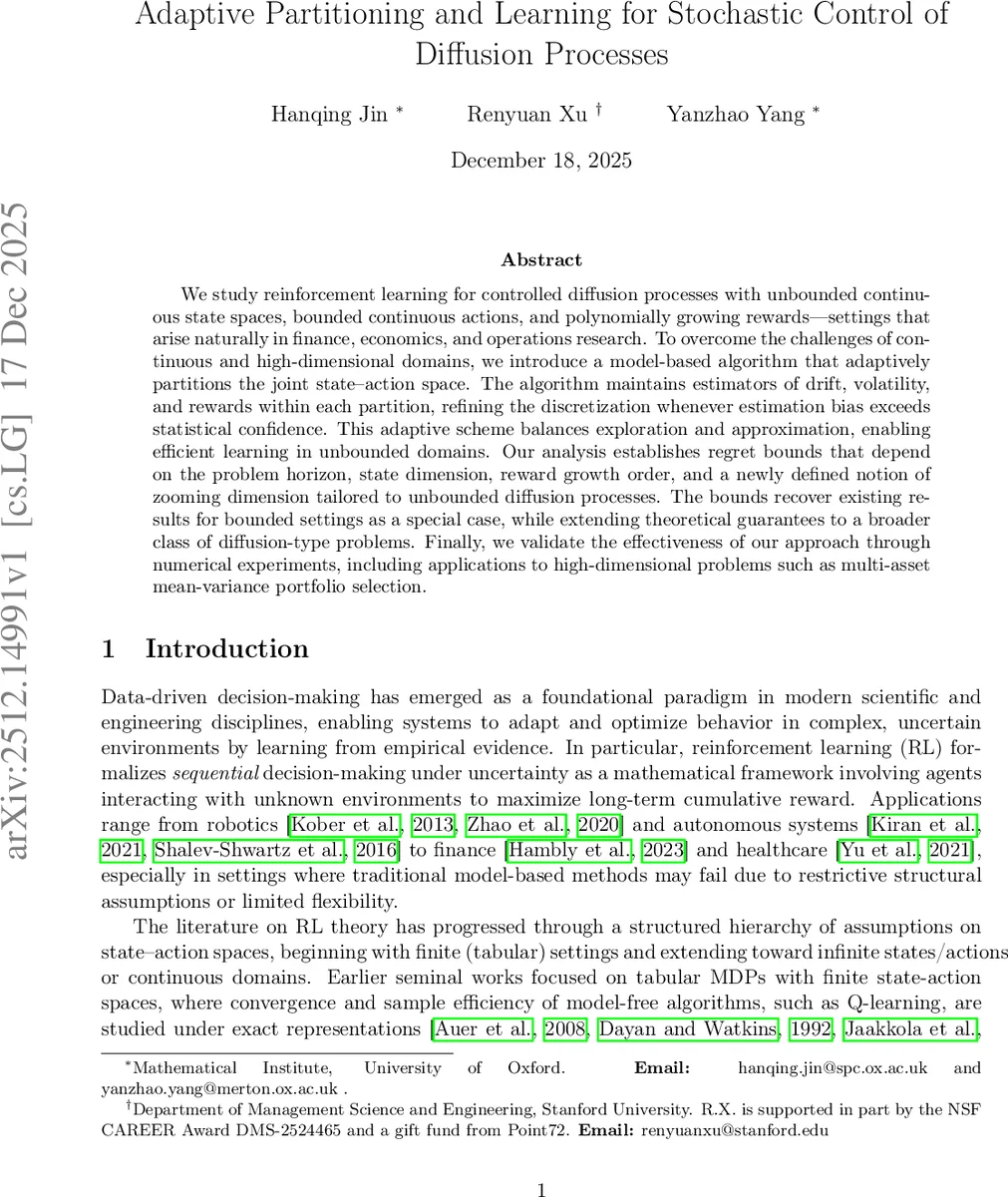 Adaptive Partitioning and Learning for Stochastic Control of Diffusion Processes