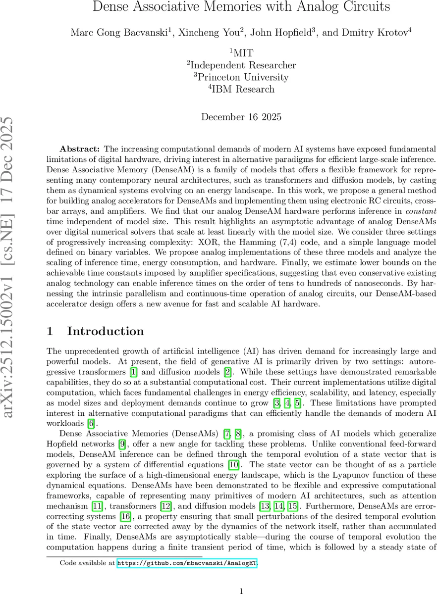 Dense Associative Memories with Analog Circuits