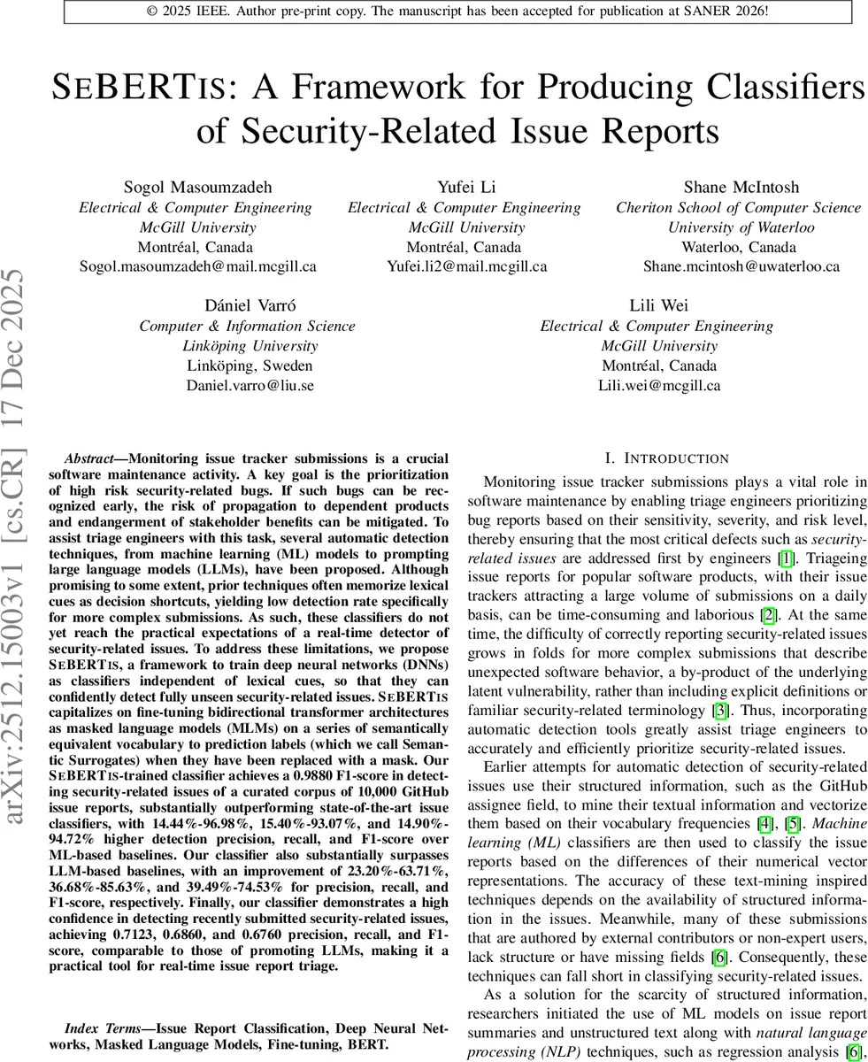 SeBERTis: A Framework for Producing Classifiers of Security-Related Issue Reports