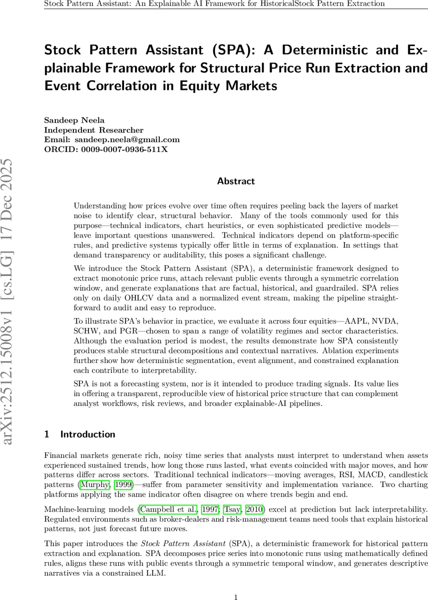 Stock Pattern Assistant (SPA): A Deterministic and Explainable Framework for Structural Price Run Extraction and Event Correlation in Equity Markets