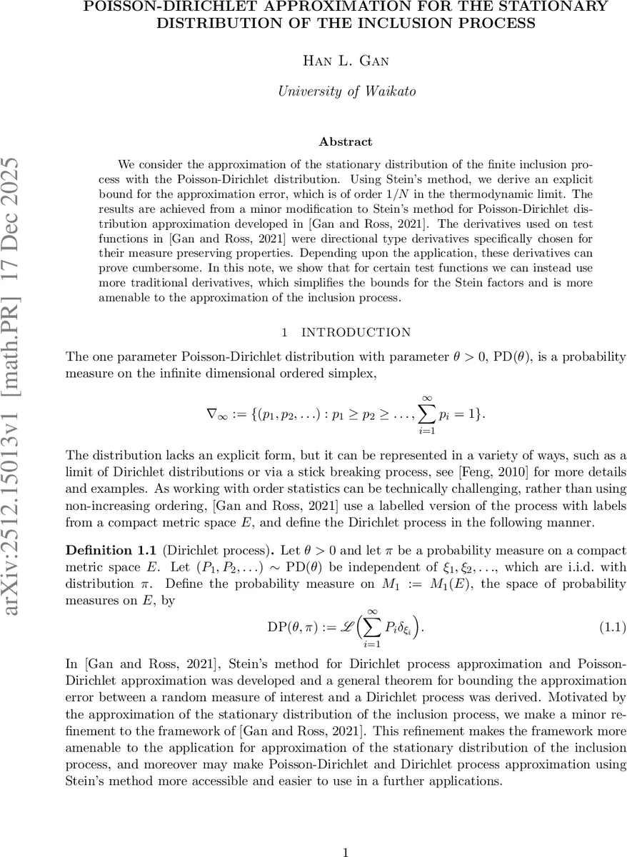 Poisson-Dirichlet approximation for the stationary distribution of the inclusion process