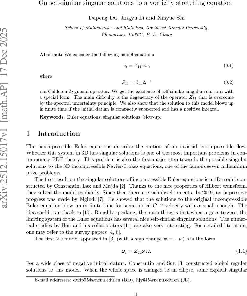 On self-similar singular solutions to a vorticity stretching equation