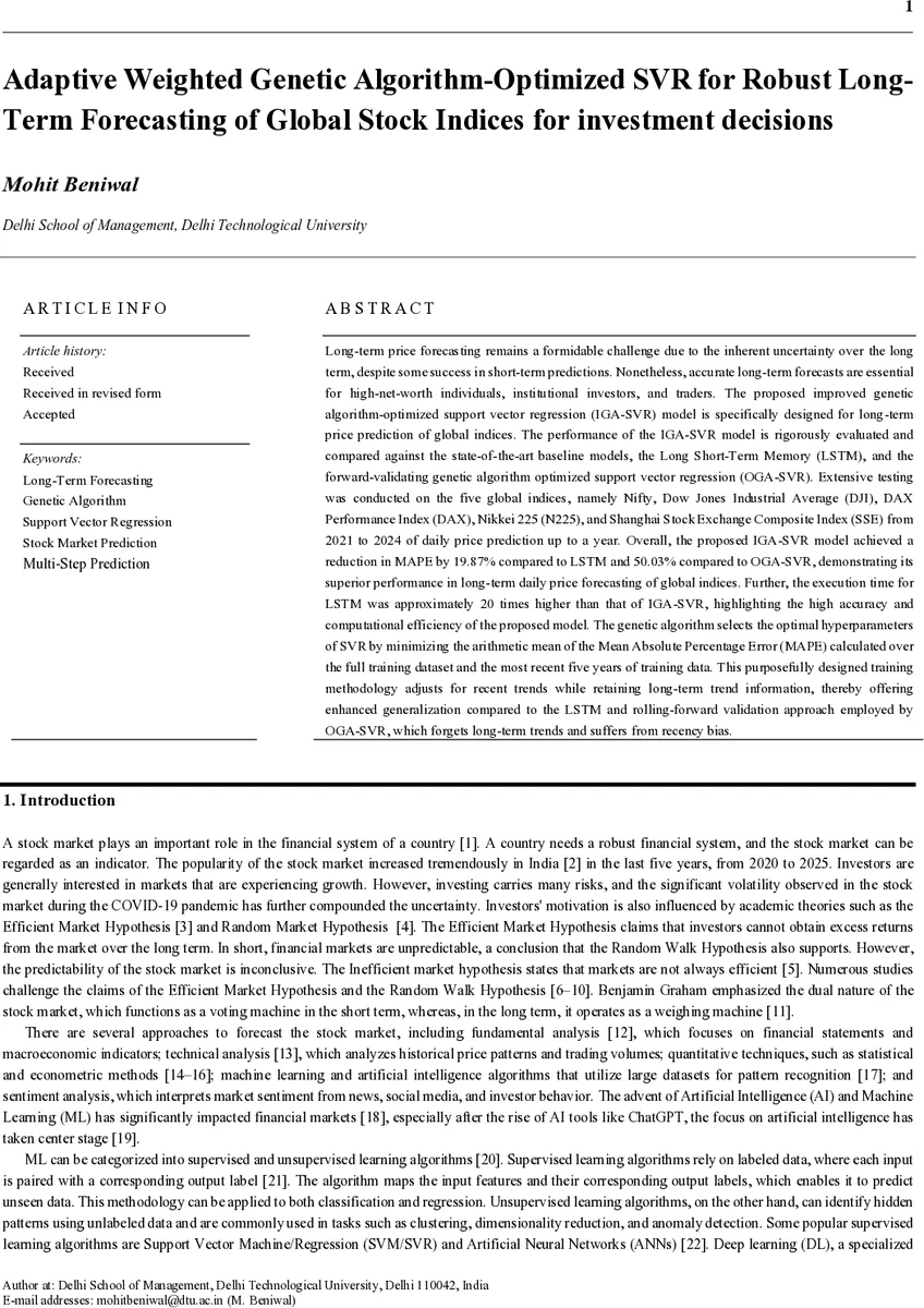 Adaptive Weighted Genetic Algorithm-Optimized SVR for Robust Long-Term Forecasting of Global Stock Indices for investment decisions