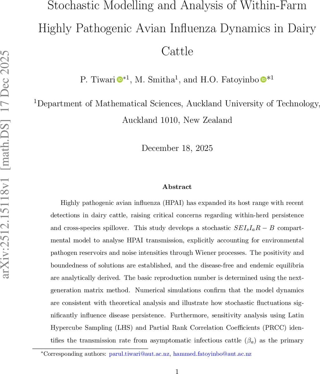 Stochastic Modelling and Analysis of Within-Farm Highly Pathogenic Avian Influenza Dynamics in Dairy Cattle