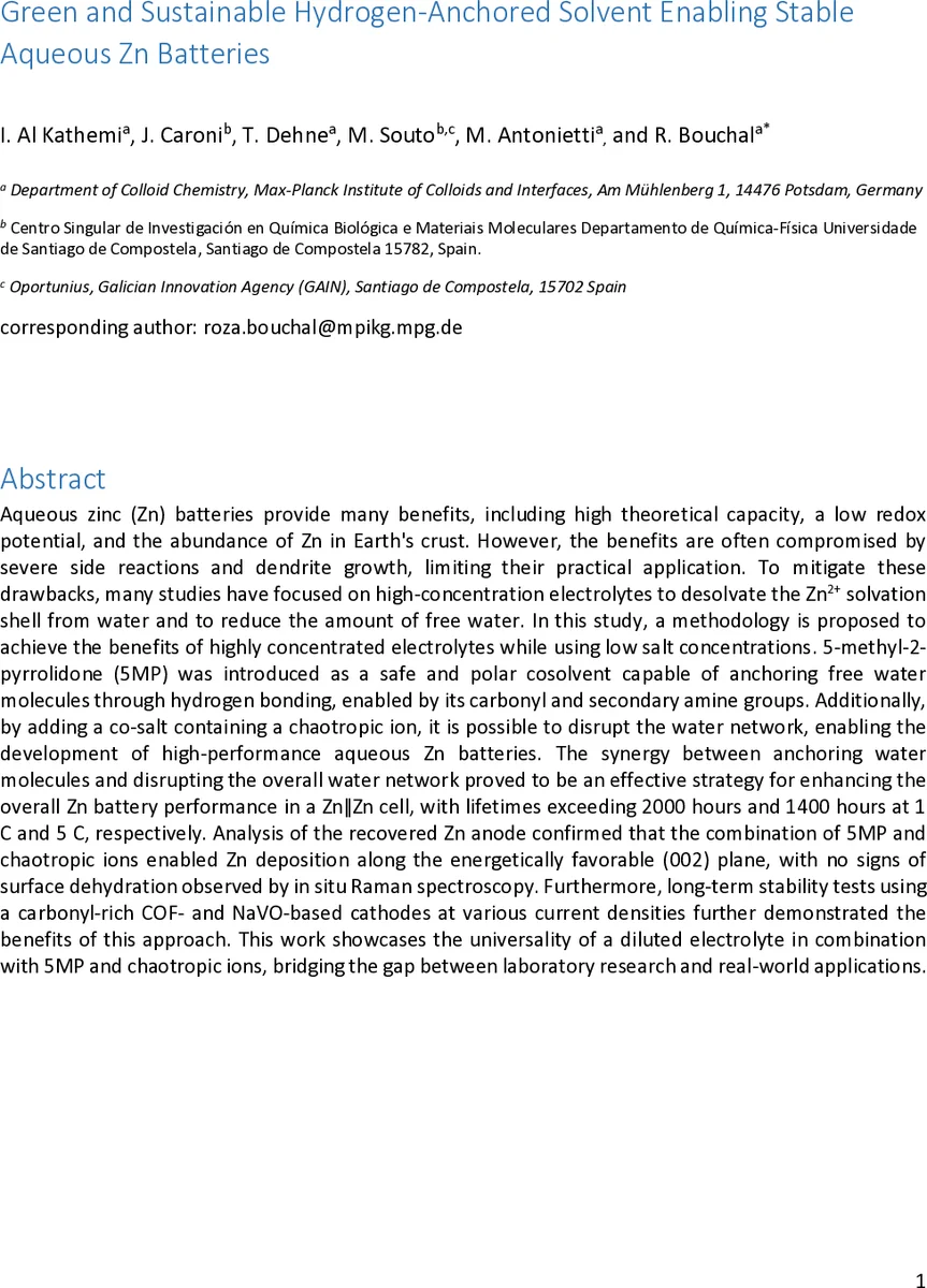 Green and Sustainable Hydrogen-Anchored Solvent Enabling Stable Aqueous Zn Batteries