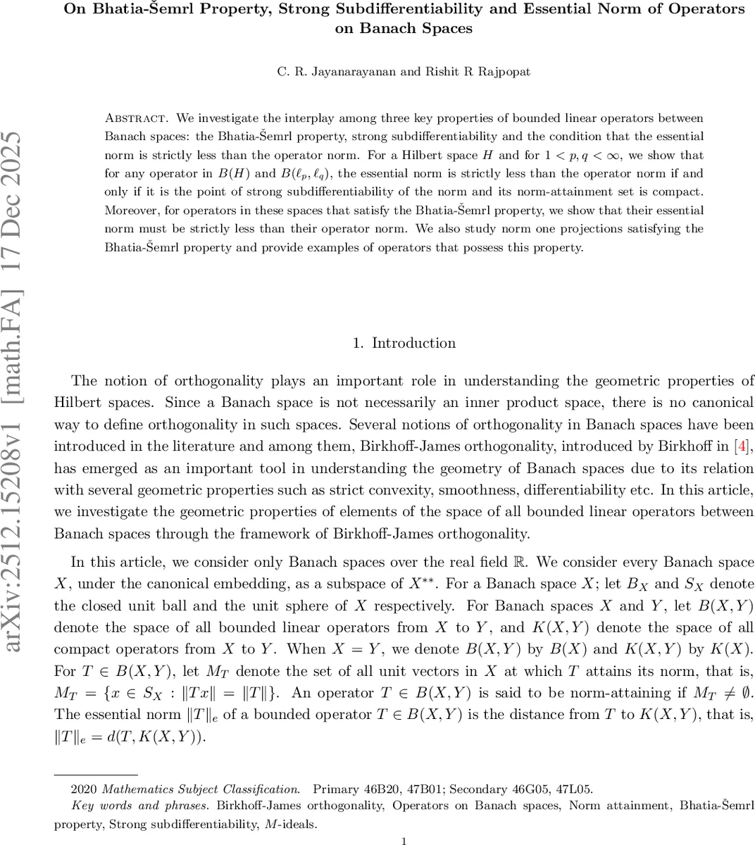 On Bhatia-Šemrl Property, Strong Subdifferentiability and Essential Norm of Operators on Banach Spaces