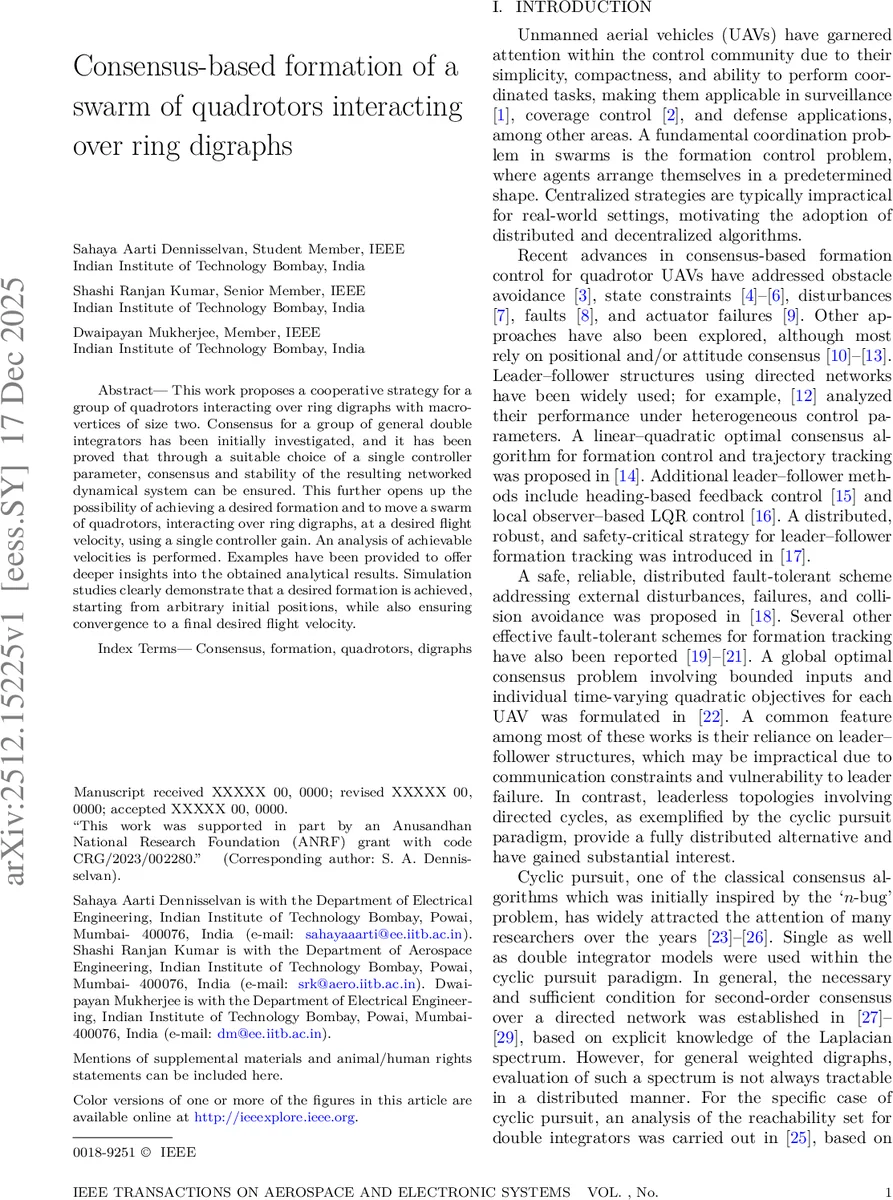 Consensus-based formation of a swarm of quadrotors interacting over ring digraphs