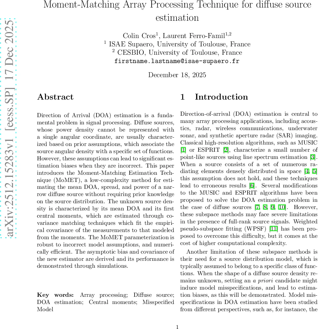 Moment-Matching Array Processing Technique for diffuse source estimation