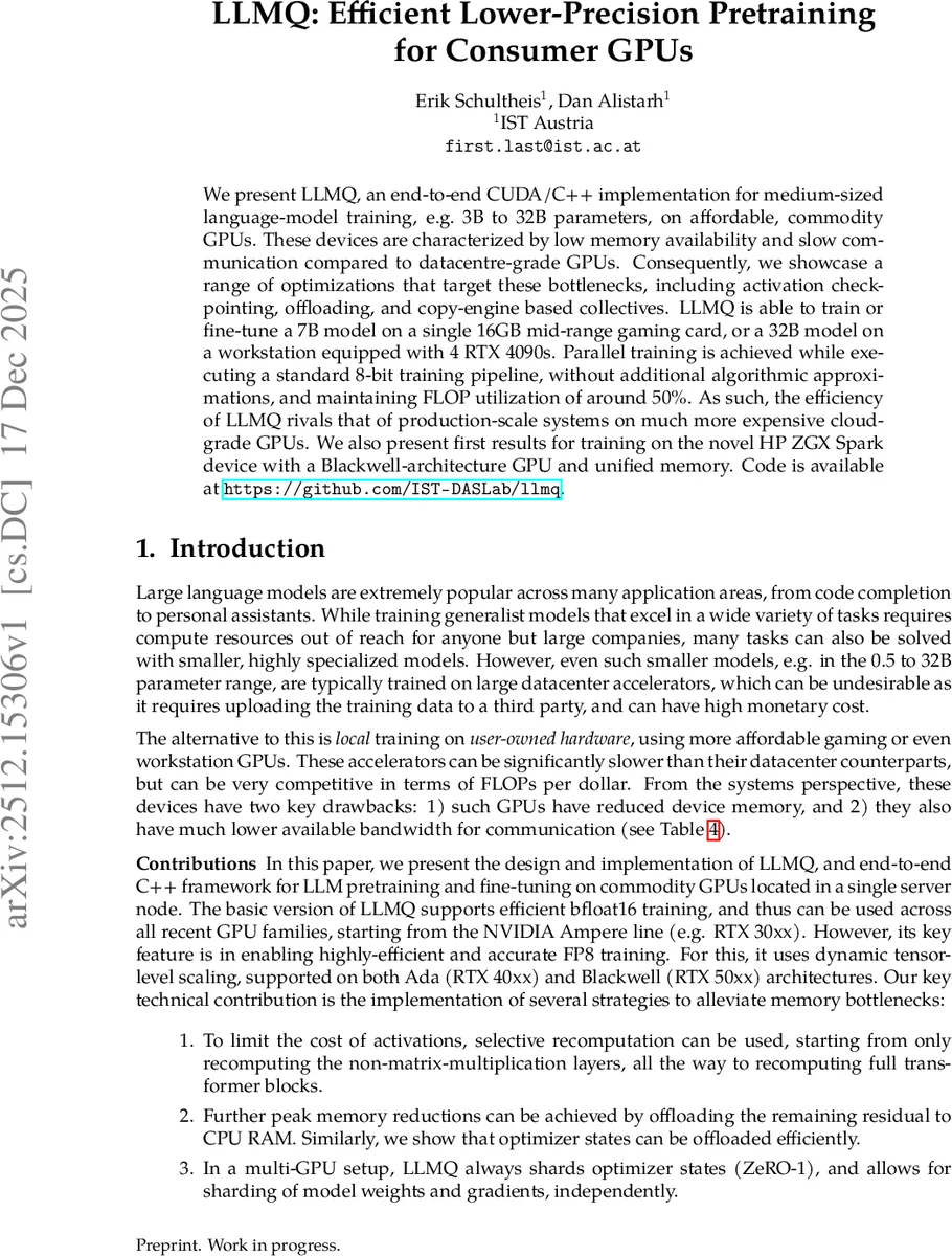 LLMQ: Efficient Lower-Precision Pretraining for Consumer GPUs