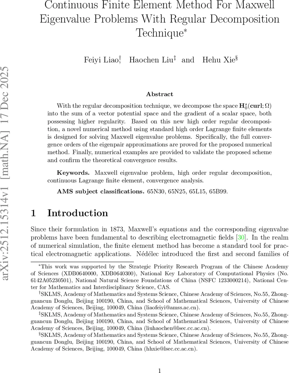 Continuous Finite Element Method For Maxwell Eigenvalue Problems With Regular Decomposition Technique