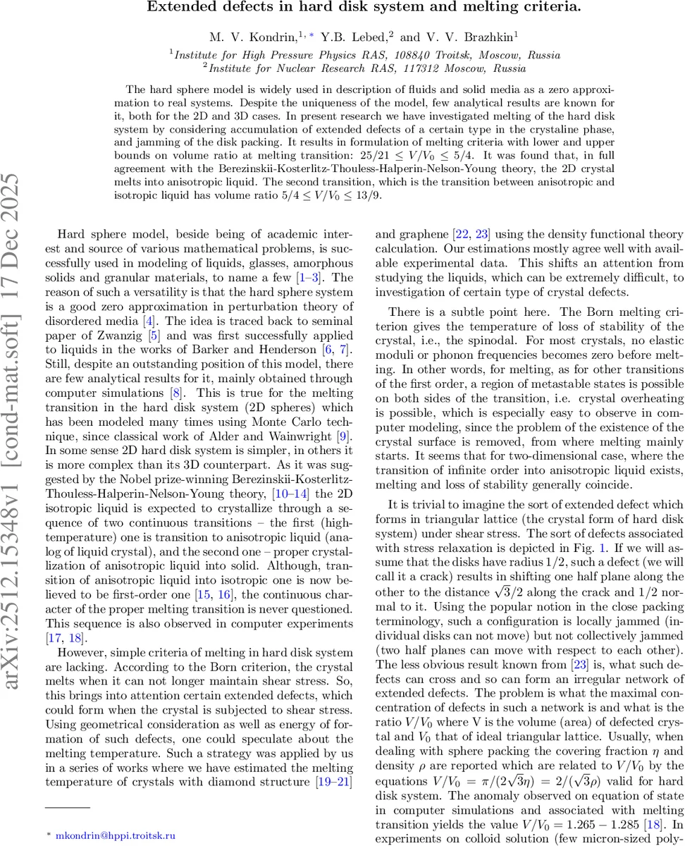 Extended defects in hard disk system and melting criteria