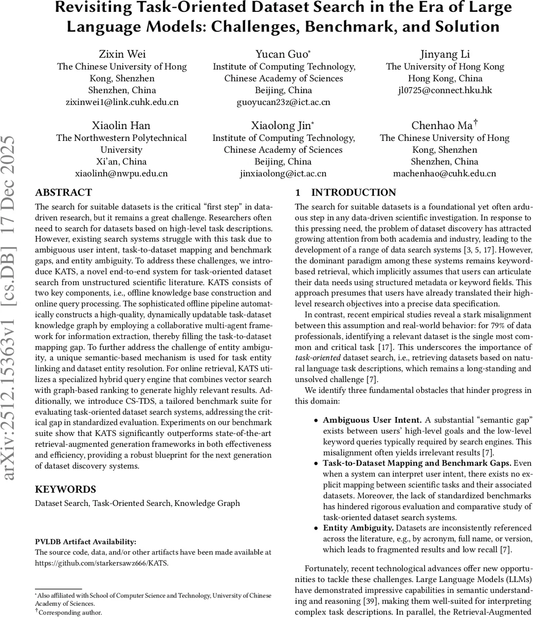 Revisiting Task-Oriented Dataset Search in the Era of Large Language Models: Challenges, Benchmark, and Solution