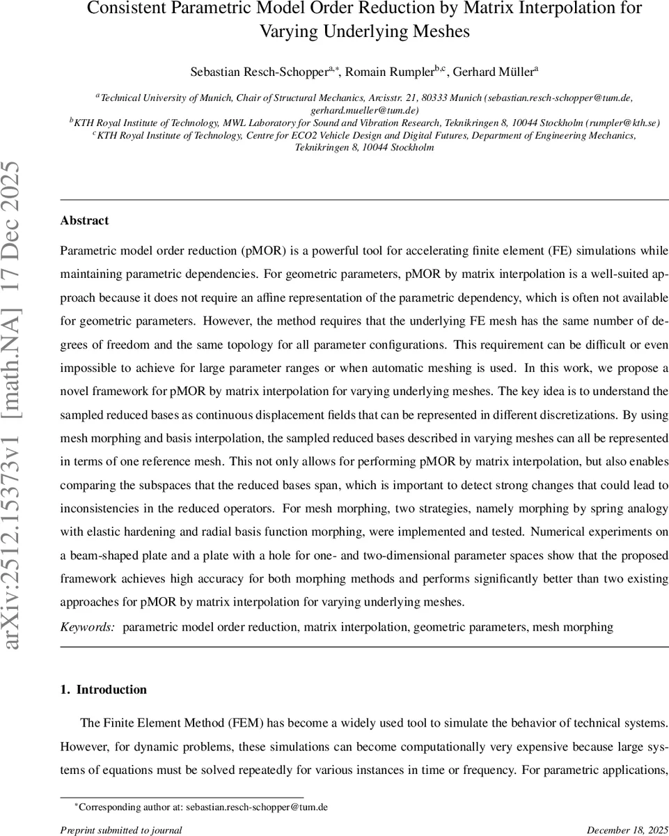 Consistent Parametric Model Order Reduction by Matrix Interpolation for Varying Underlying Meshes