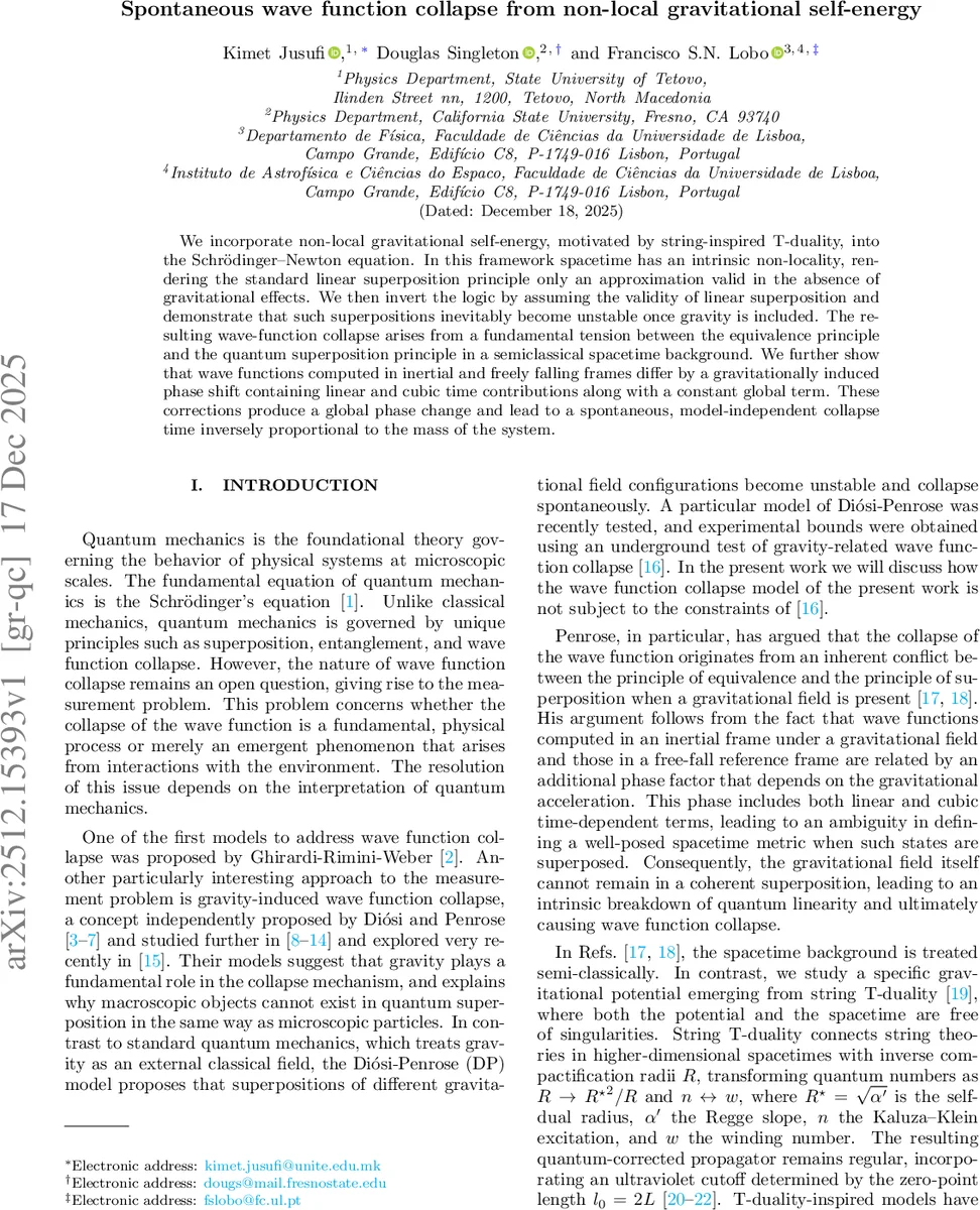 Spontaneous wave function collapse from non-local gravitational self-energy