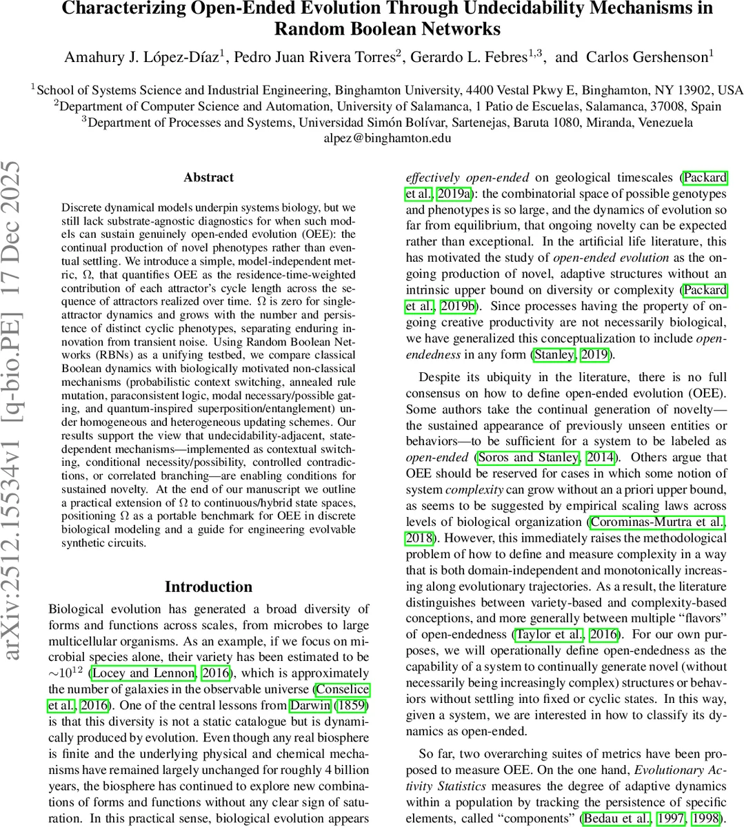 Characterizing Open-Ended Evolution Through Undecidability Mechanisms in Random Boolean Networks
