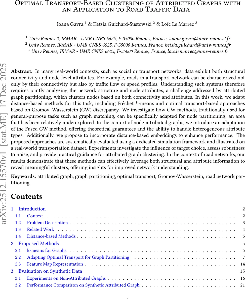 Optimal Transport-Based Clustering of Attributed Graphs with an Application to Road Traffic Data