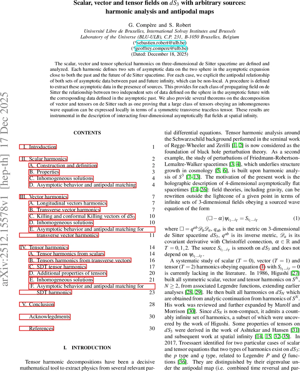 Scalar, vector and tensor fields on $dS_3$ with arbitrary sources: harmonic analysis and antipodal maps