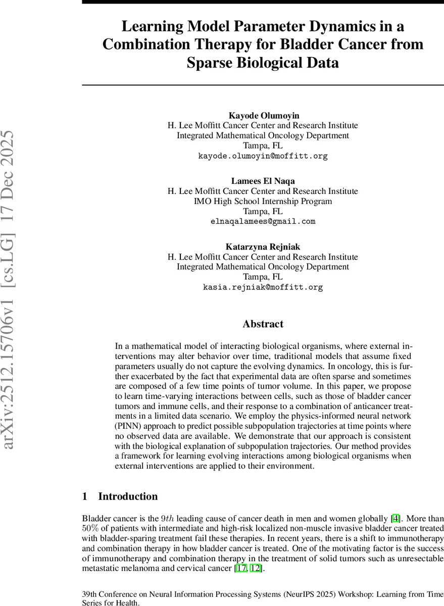Learning Model Parameter Dynamics in a Combination Therapy for Bladder Cancer from Sparse Biological Data