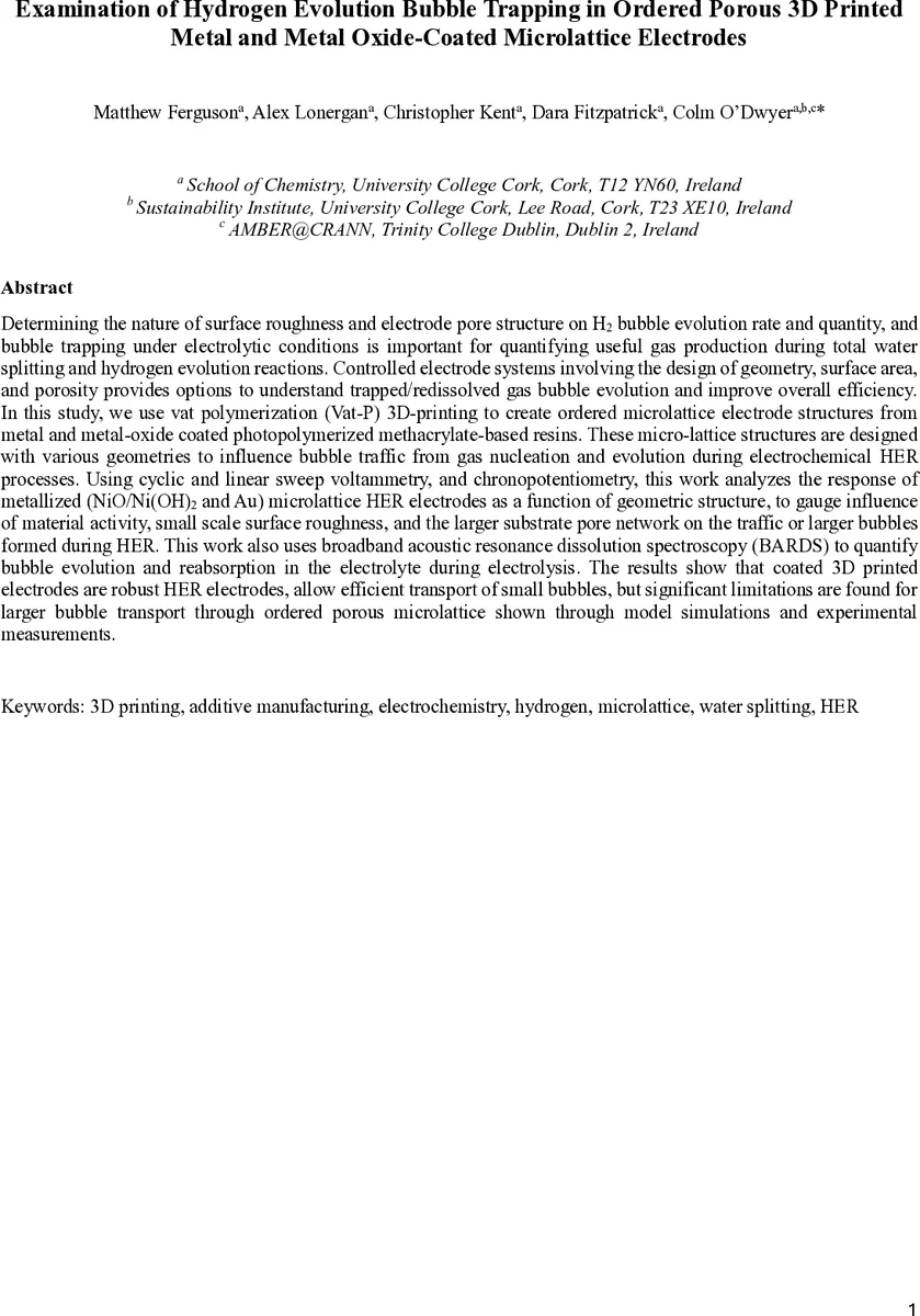 Examination of Hydrogen Evolution Bubble Trapping in Ordered Porous 3D Printed Metal and Metal Oxide-Coated Microlattice Electrodes