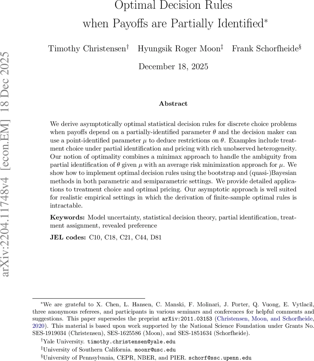 Optimal Decision Rules when Payoffs are Partially Identified