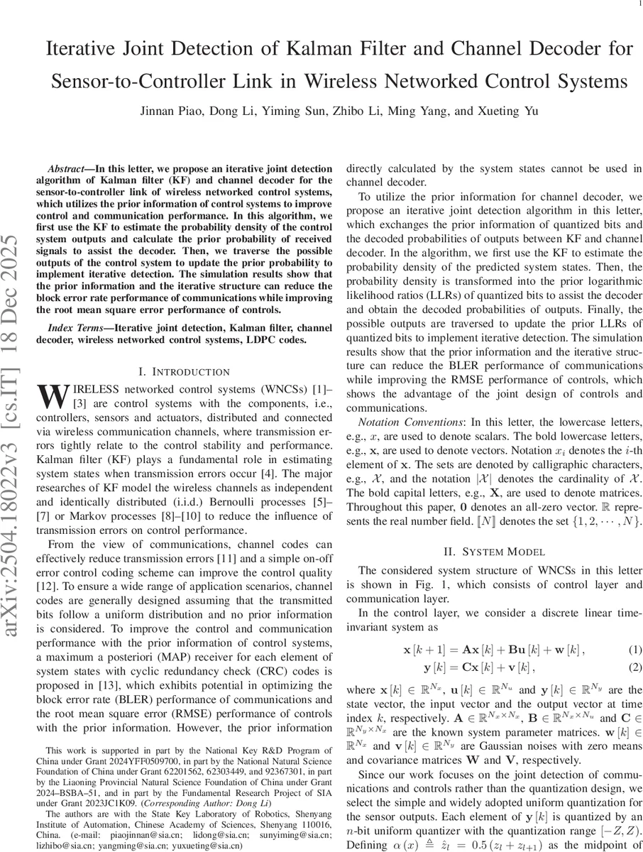 Iterative Joint Detection of Kalman Filter and Channel Decoder for Sensor-to-Controller Link in Wireless Networked Control Systems
